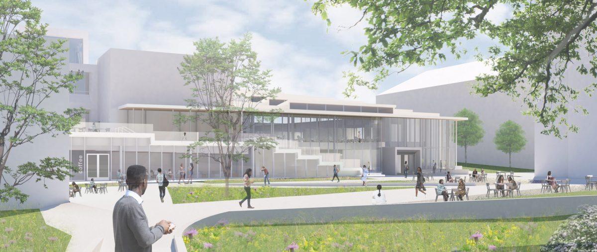 The proposed exterior of the Student Center expansion. - Photo via ikon 5 architects. 