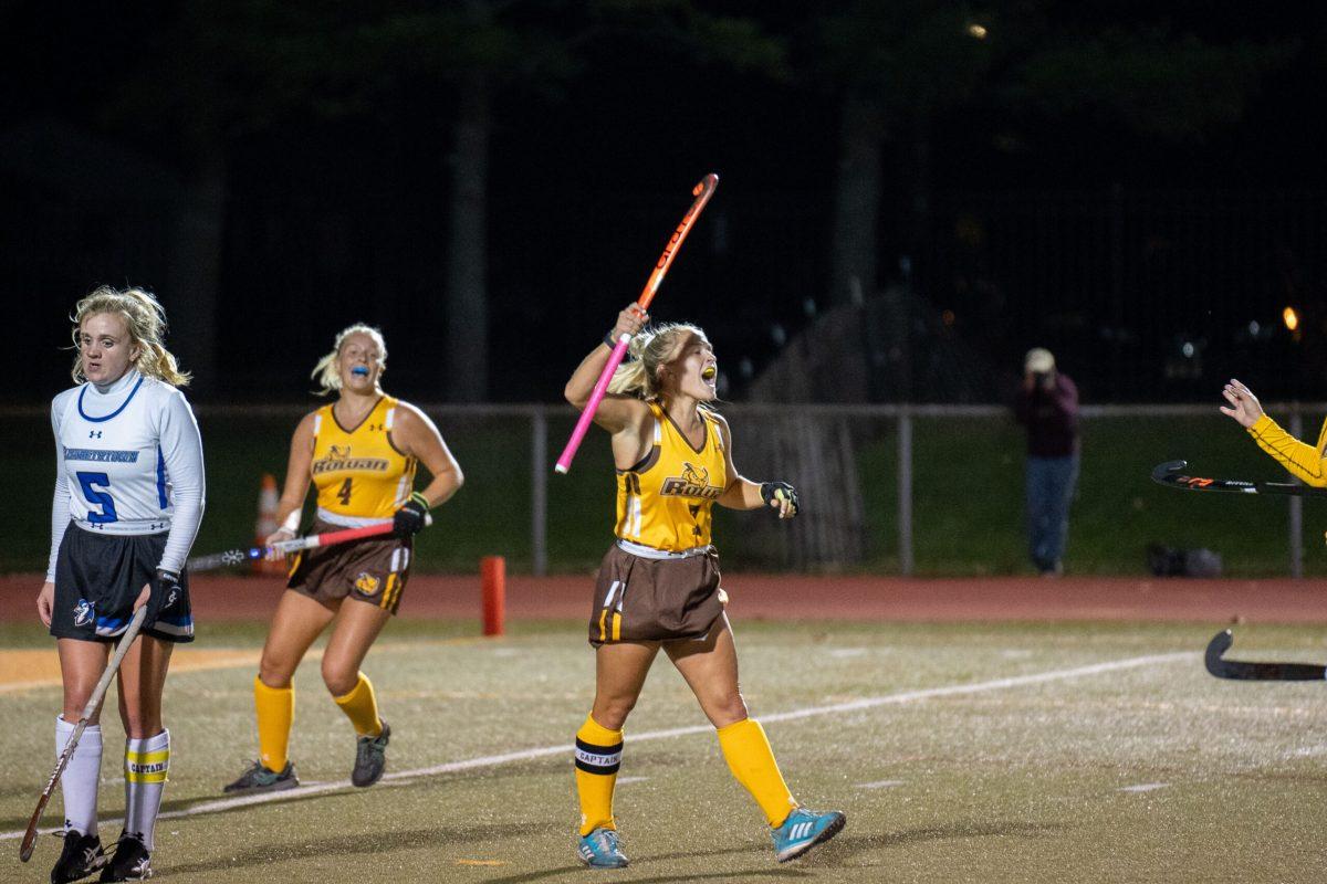 Kristiina Castagnola celebrates. Castagnola scored the first goal against John Hopkins Saturday night. Wednesday, Oct. 27, 2022. - Photo / Joey Nicolo