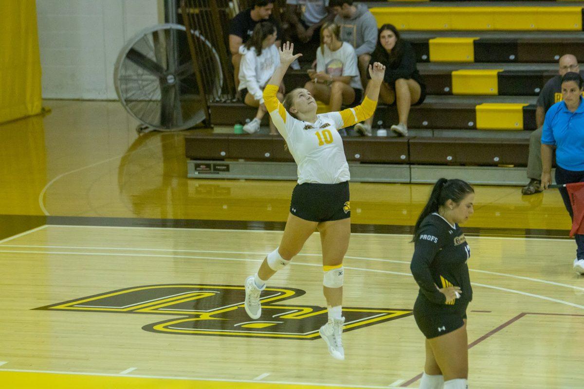 Natalie Ogden goes for a serve. Ogden has recorded the most amount of kills in all but one game this season for the Profs. Tuesday, Sept. 6, 2022. - Multimedia Editor / Lee Kotzen