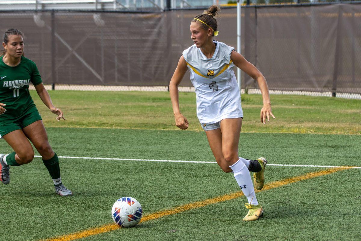 Nina Carlson with control of the ball. Carlson scored two of the three goals Rowan recorded on Wednesday night. Sunday, September 4, 2022. - Multimedia Editor / Lee Kotzen