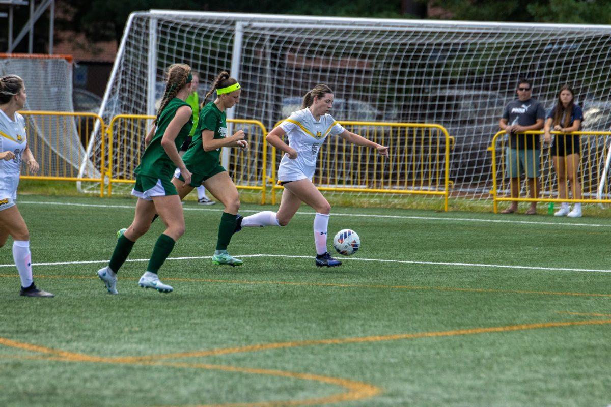 Gabby Dean takes the ball pass defenders. Dean scored her first two goals in her career against NJCU. Sunday, Sept. 4, 2022. - Multimedia Editor / Lee Kotzen