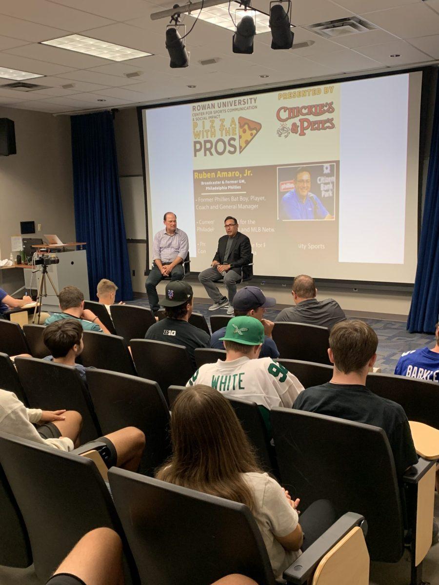 Sports CaM Director Neil Hartman and guest Ruben Amaro Jr. speaks to students. Photo / Bella Guno