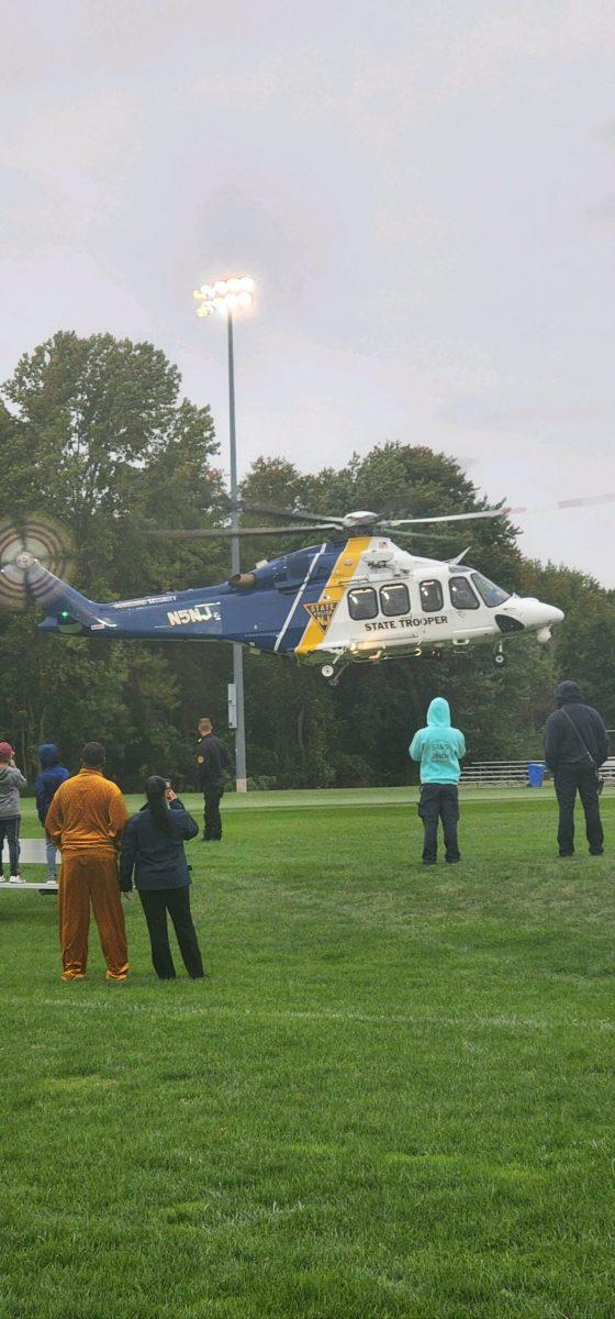 NJ State Trooper Helicopter Landw at Delsea Drive Park. - Staff Writer / Nick Butler