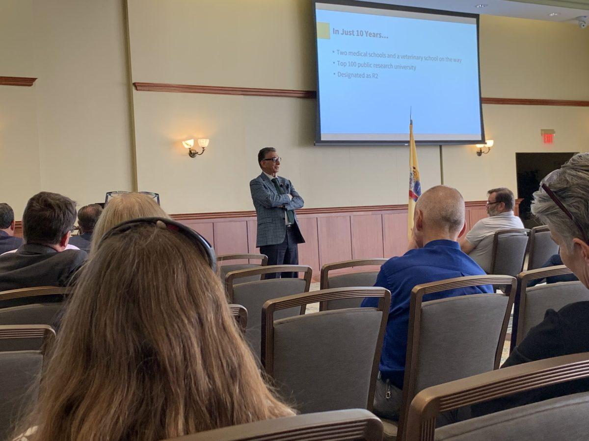 President Ali Houshmand talks during the University Assembled Meeting last Friday, Oct. 14, 2020 - Staff Writer / Bryant Lopez