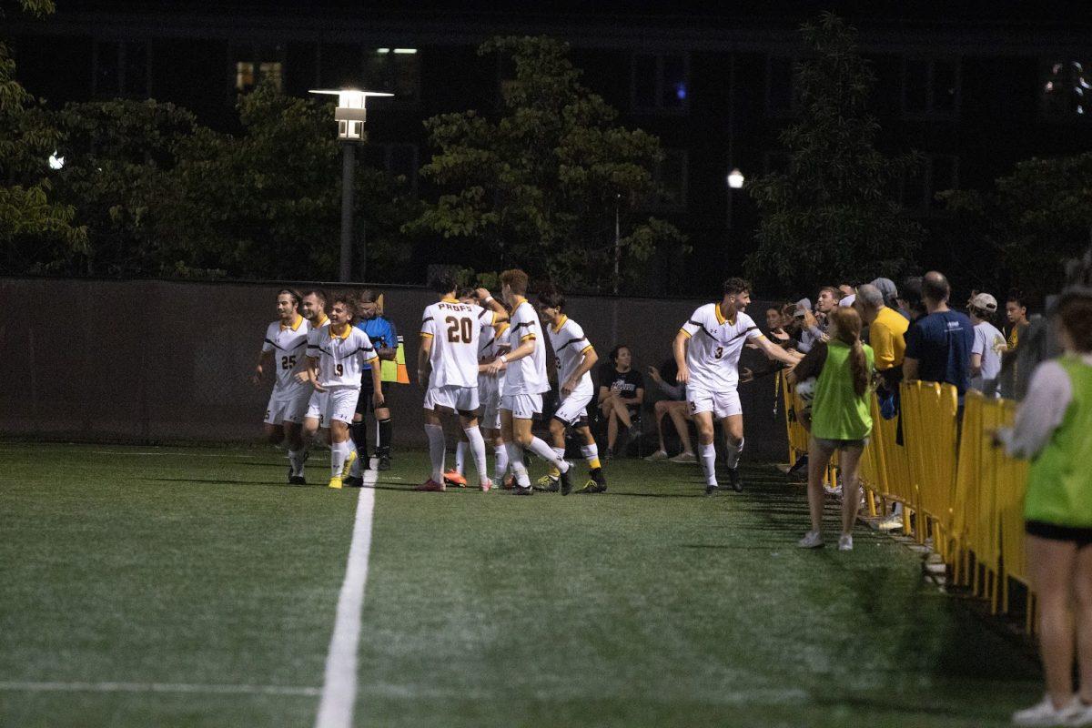 Rowan men's soccer celebrates after a goal. The team held TCNJ scoreless in their matchup. Wednesday, Sep. 17, 2022. - Photo / Dom Francesconi via Rowan Athletics