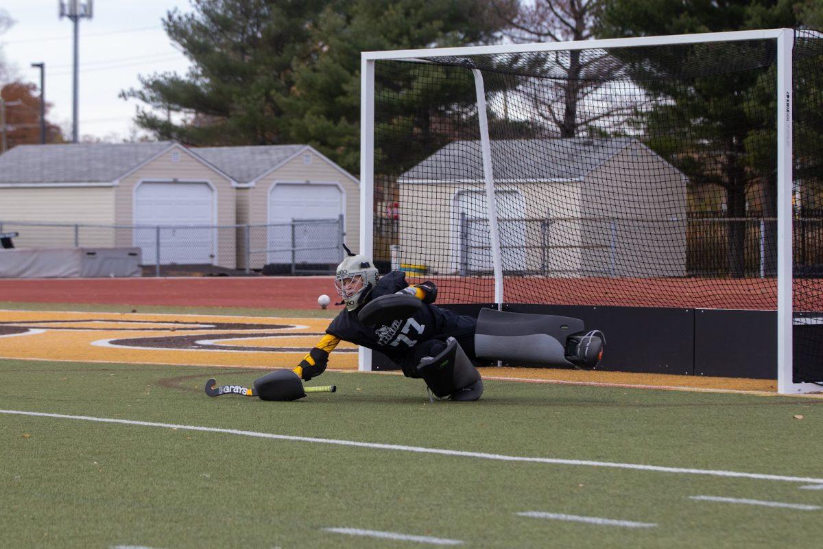 Abby Hainsworth blocks a shot. Hainsworth recorded 11 saves in the 5-0 victory over TCNJ. Sunday, Nov. 14, 2021. - Multimedia Editor / Lee Kotzen