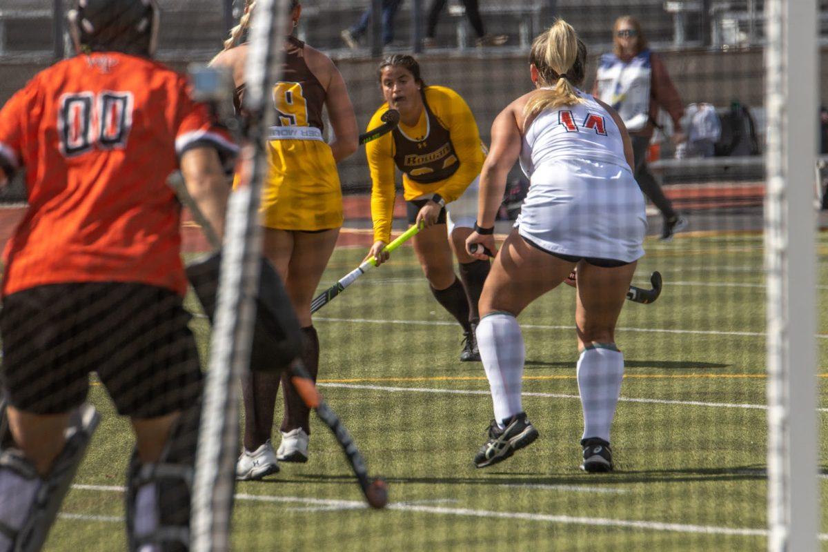 Julia Patrone controls the ball near the net. Patrone scored one of the two goals in Rowan's loss. Saturday, Oct. 8, 2022. - Multimedia Editor / Lee Kotzen