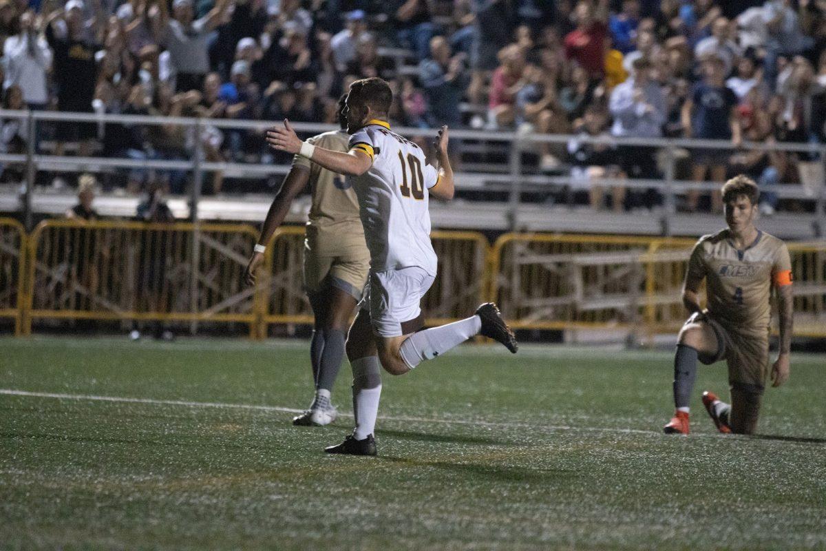 Chad Yates celebrates after a goal. Yates scored a hat-trick against Rutgers-Camden. Wednesday, Oct. 12, 2022. - Photo / Dom Francesconi via Rowan Athletics