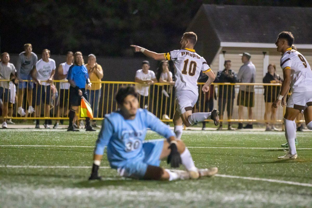 Chad Yates celebrates after a goal. Yates scored the winning goal against NJCU in the first round of the NJAC Championship Tournament. Wednesday, Sep. 17, 2022. - Photo / Dom Francesconi via Rowan Athletics