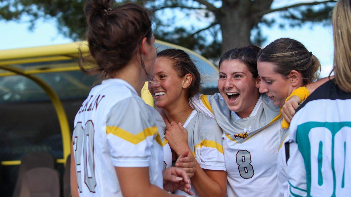 Rowan women's soccer celebrates after a victory. The Rowan women's soccer lineup, made up of mostly underclassman, have managed to stay undefeated. Saturday, Oct. 8, 2022. - Staff Photographer / Tyrese Williams