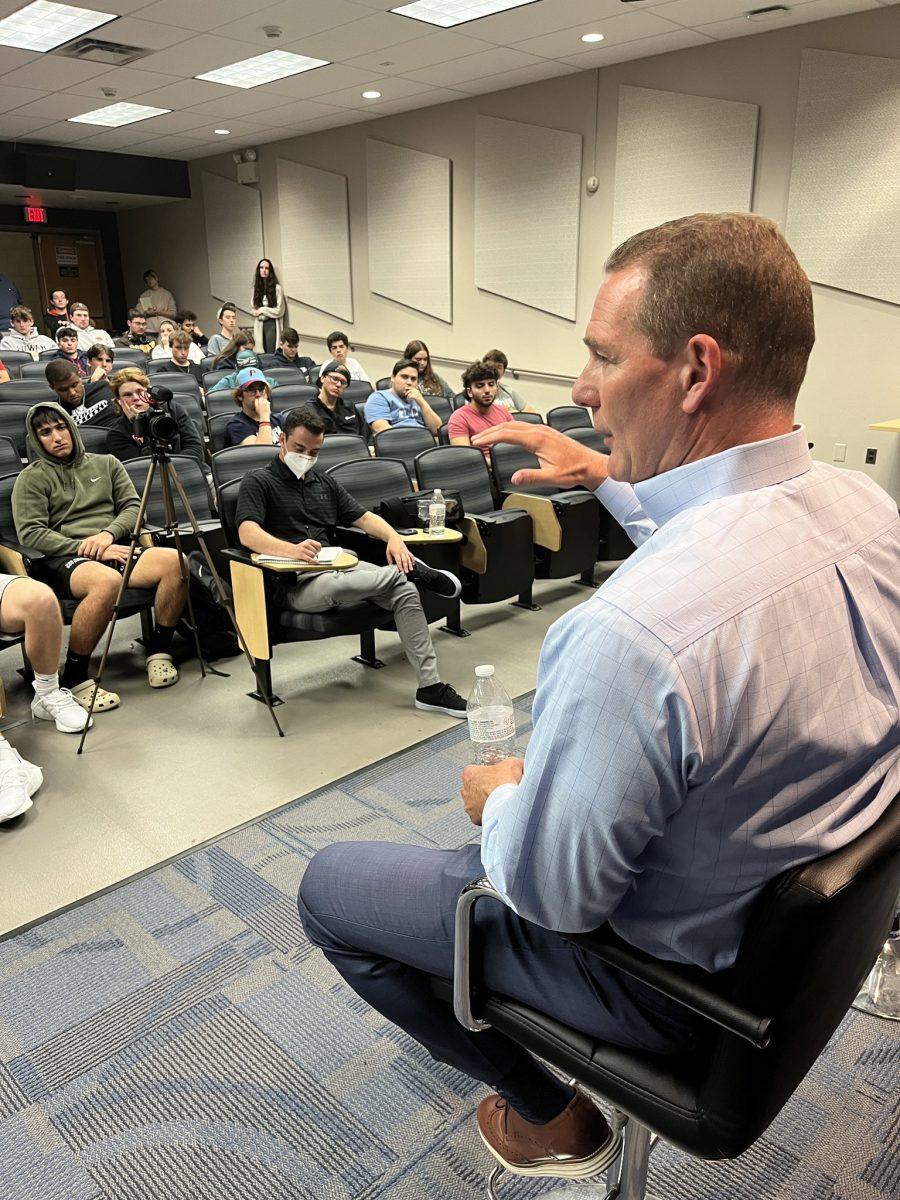 Vince Nicastro speaks to Rowan students on being head of the Big East Conference. - Photo via @RowanSportsCAM on Twitter