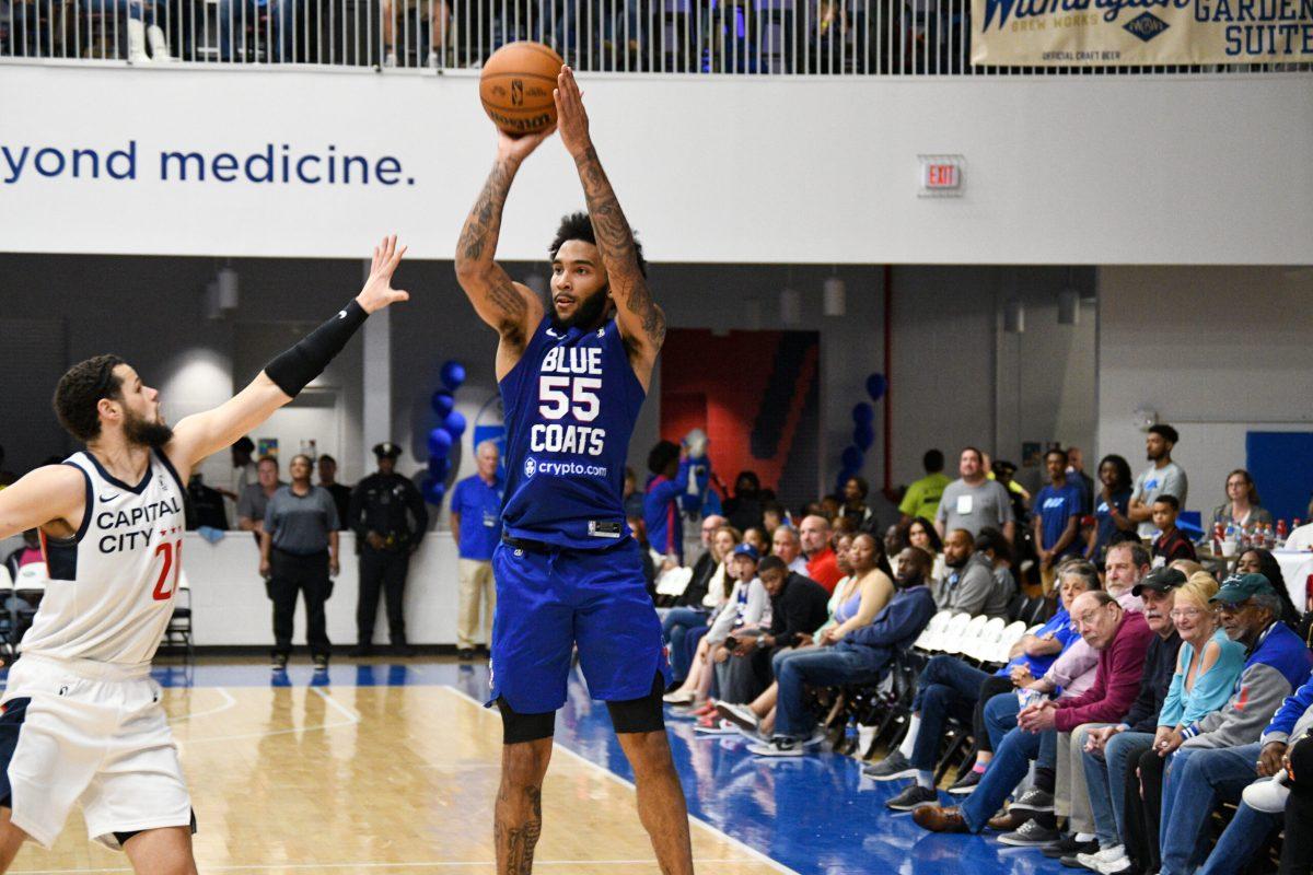 Julian Champagnie goes for a contested jump shot. Champagnie had a career-high night against the Capital City Go-Go. Saturday, Nov. 12, 2022. - Staff Photographer / Tyrese Williams