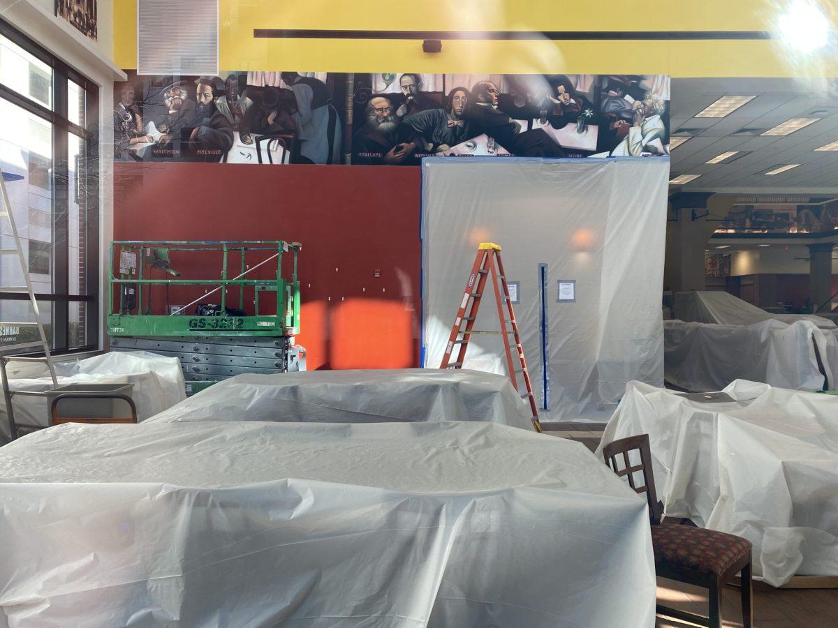 White coverings draped over shelves and the B&N Cafe. -Staff writer / Madison Miller