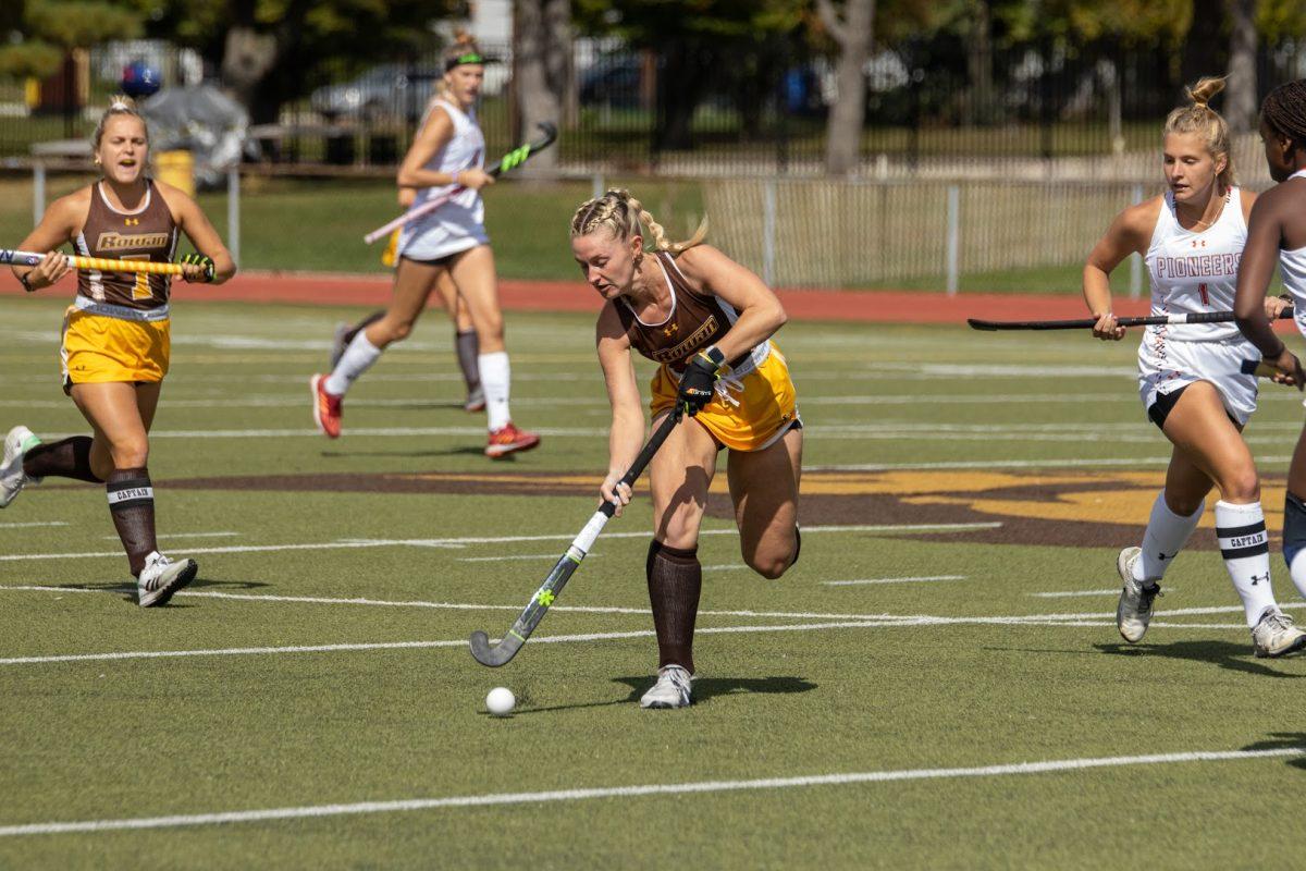 Morgan Mulvey takes the ball up field. Mulvey scored a hat trick on her Senior Day. Saturday, Oct. 8, 2022. - Multimedia Editor / Lee Kotzen