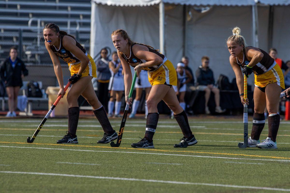 (Left to Right): Vanessa DiDonato, Bridget Guinan and Kristiina Castagnola line up at mid-field. Both Guinan and Castagnola have started in both Final Four matchups against Middlebury. Saturday, Nov. 12, 2022. - Multimedia Editor / Lee Kotzen