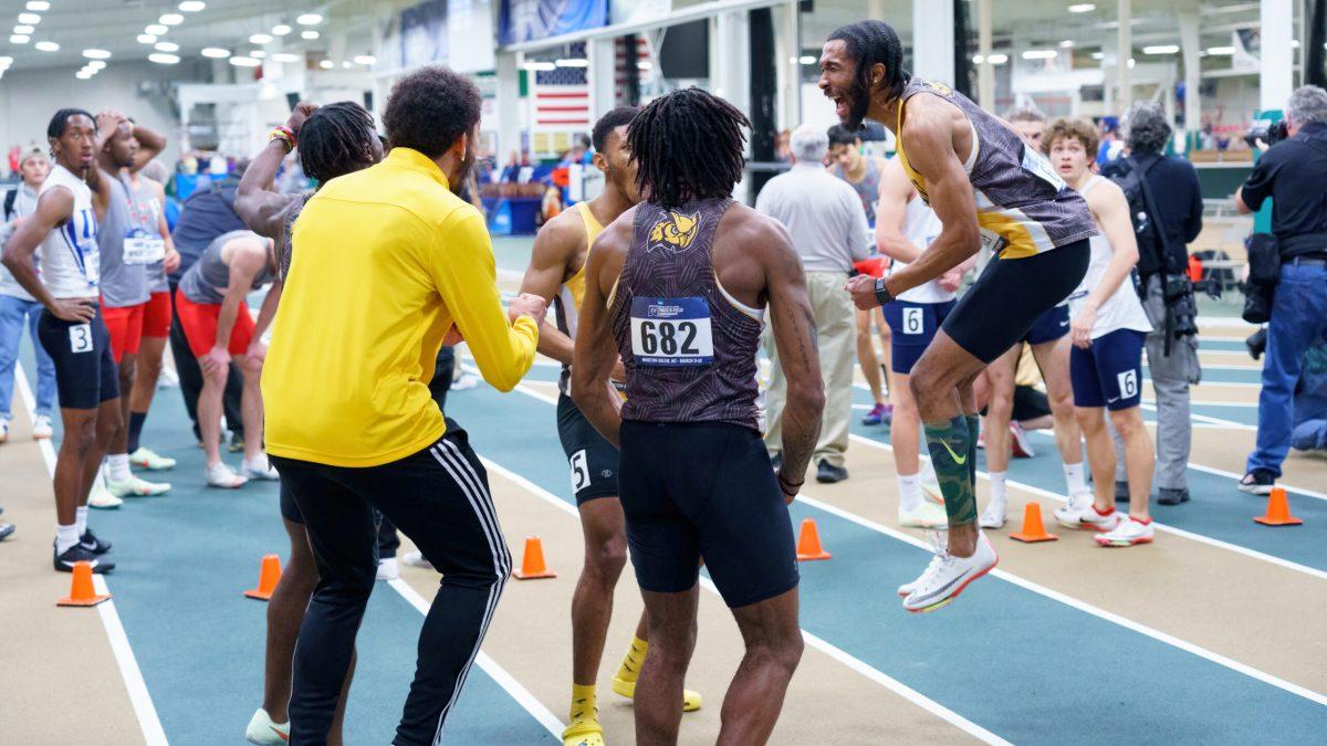 Rowan men's track & field celebrates after 4x400 national championship victory. The team is looking to repeat that fate this year. - Photo / J.A. Brown Photography via Rowan Athletics