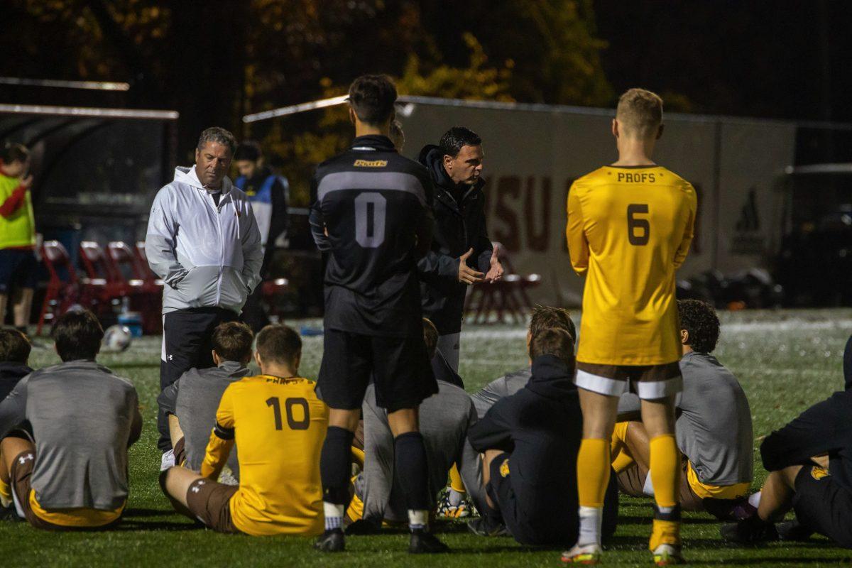 Head Coach Scott Baker talks to his team during a timeout. The Profs season came to a close on Sunday afternoon. Friday, Nov. 4, 2022. - Multimedia Editor / Lee Kotzen