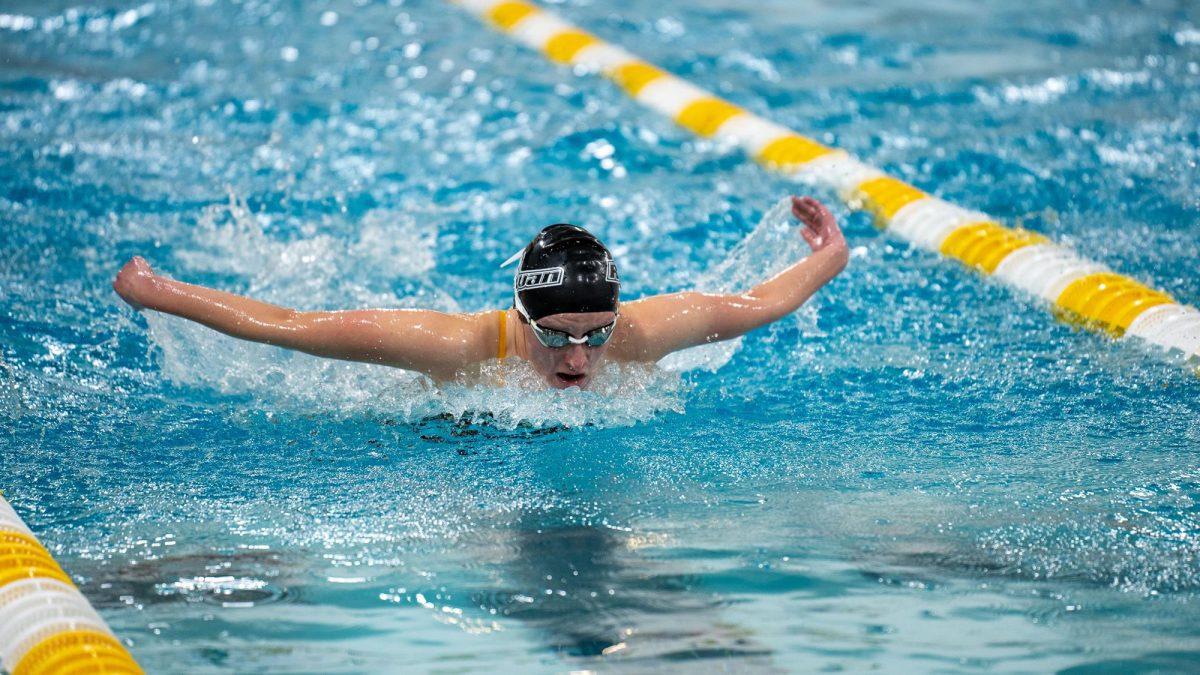 Emma Padros swims during a meet. Padros clocked in first during multiple races against Montclair State. - Photo / Rowan Athletics