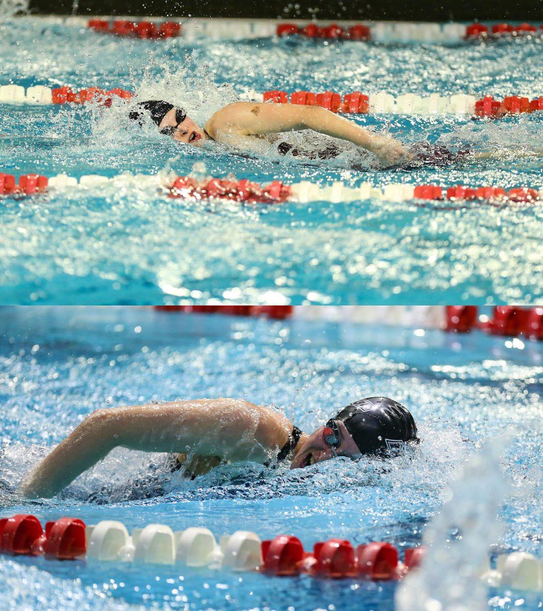 Laura Jones (top) and Elizabeth Jones (bottom) compete in races. Both have been a part of Rowan swim for two years. - Photo / Rowan Athletics