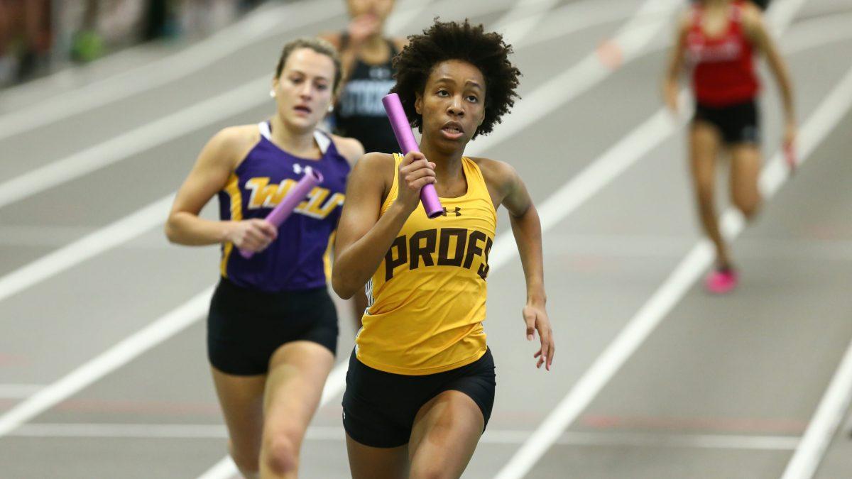 Sha'Lynn Clarke races in relay. Clarke was apart of the first place 4x800 this past weekend. - Photo / Rowan Athletics 