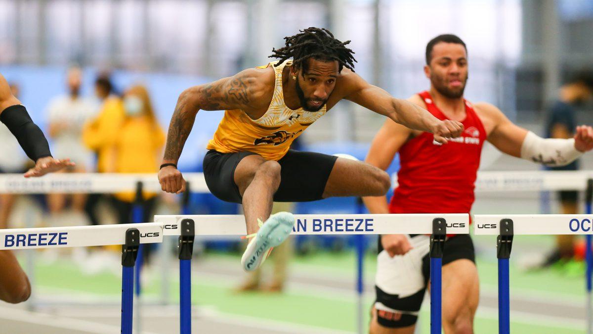 Marquise Young hurdling. Young almost broke the school record in their season opener. - Photo / Rowan Athletics