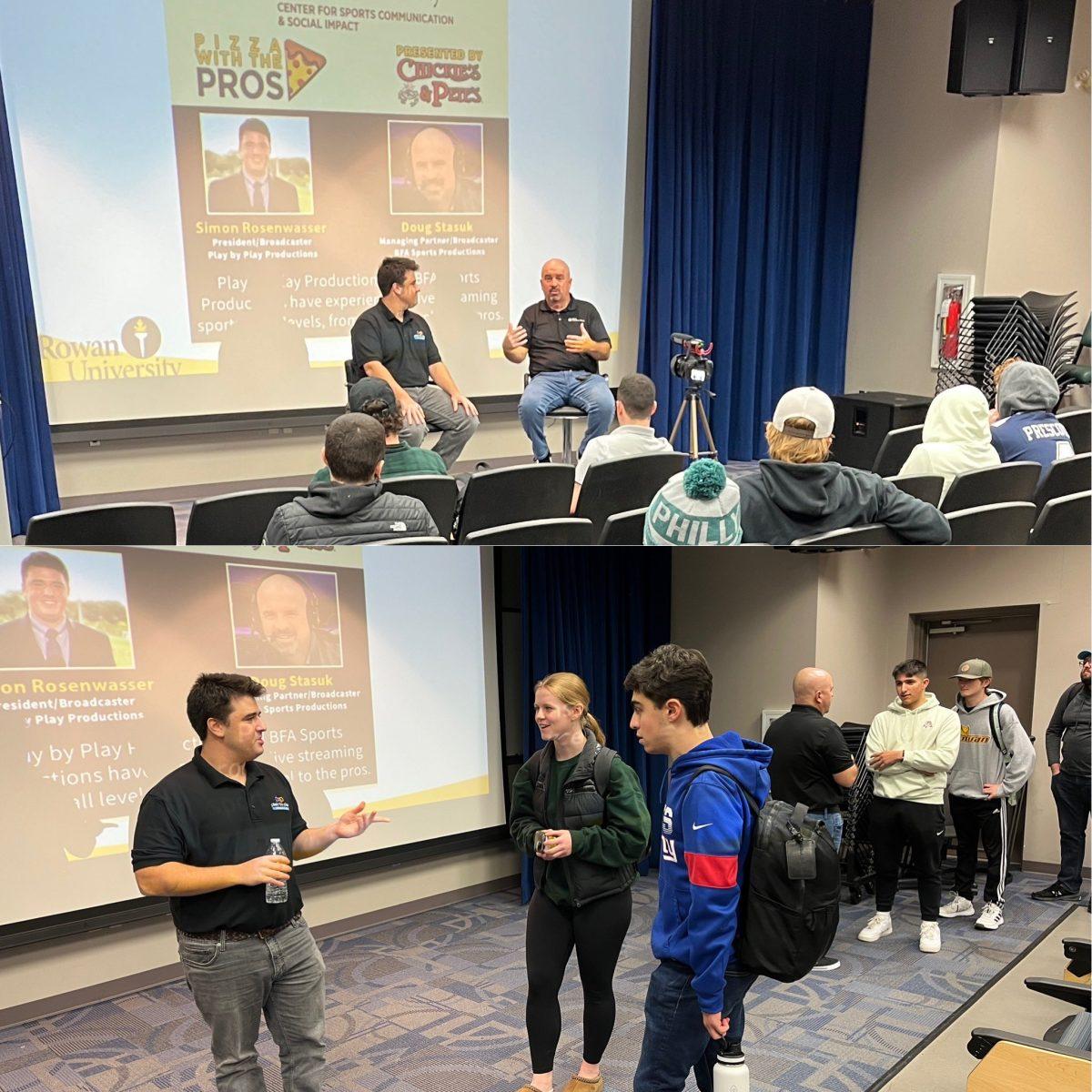 Simon Rosenwasser and Doug Stasuk speaks to students on their sports production careers. - Photo / @RowanSportsCAM on Twitter