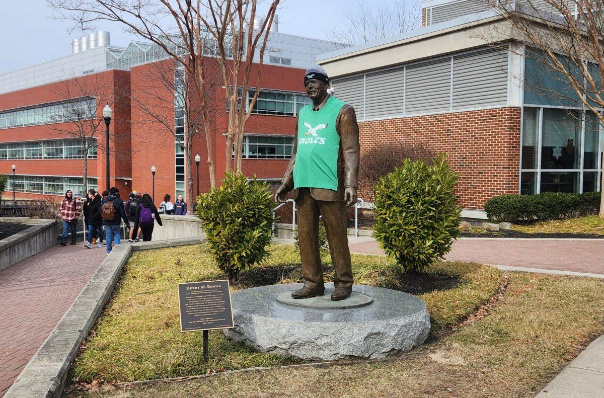 Rowan's Henry M. Rowan statue donned a shirt and hat in support of the Eagles' Superbowl run. - Editor-in-Chief / Berry Andres