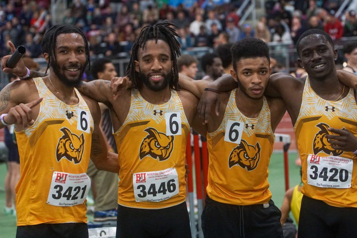 (Left to right) Jah'mere Beasley, Marquise Young, Amara Conte and Nana Agyemang after running the 4x400. The four broke a 19-year record this past weekend. Friday, Feb. 10, 2023. - Staff Photographer / Jarquil Young