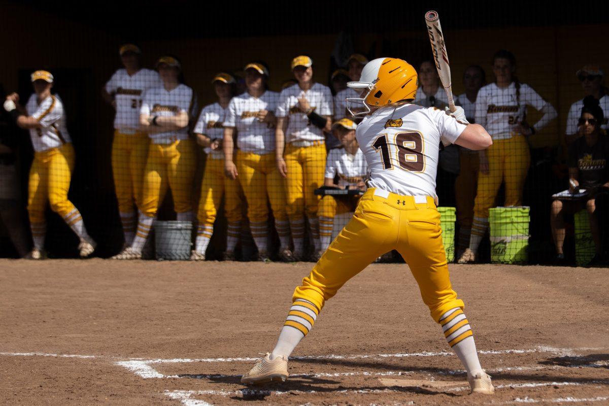 Liz McCaffery gets ready to hit. McCaffery recorded three hits, scored three runs and drove in two in their doubleheader against Swarthmore. Saturday, April 16, 2022. - Multimedia Editor / Lee Kotzen