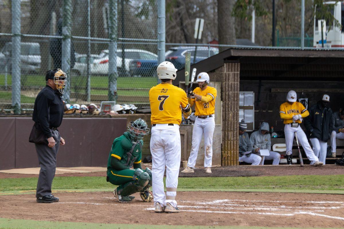 Anthony Schooley gets ready to hit. Schooley drove in five runs against Swarthmore. Sunday, April 10, 2022. - Multimedia Editor / Lee Kotzen