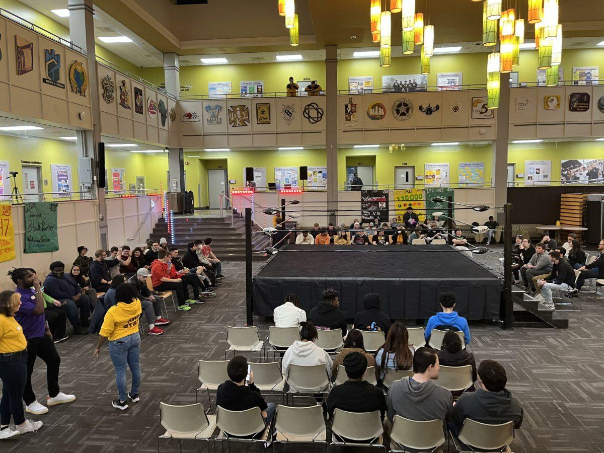 The student center pit fitted for wRahstlemania with a full crowd in attendance. - Staff Writer / Josh Ayers