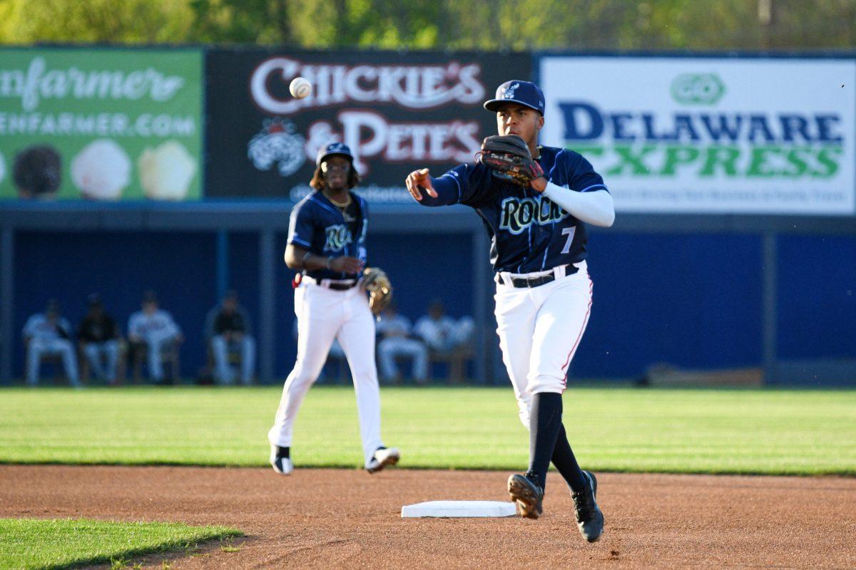 Jordy Barley (left) and Viandel Pena (right) warm up before the inning begins. Wednesday, April 12, 2023. - Staff Photographer / Tyrese Williams