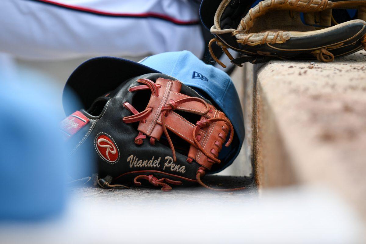 Second basemen Viandel Pena's custom Rawlings Heart of the Hide, Sunday April 16th, 2023. - Staff Photographer / Tyrese Williams