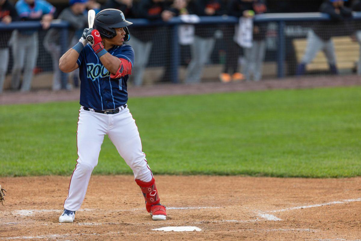 Catcher Onix Vega in his first at-bat for the Blue Rocks. Thursday, April 27, 2023. Staff Photographer / Joe Capuyan