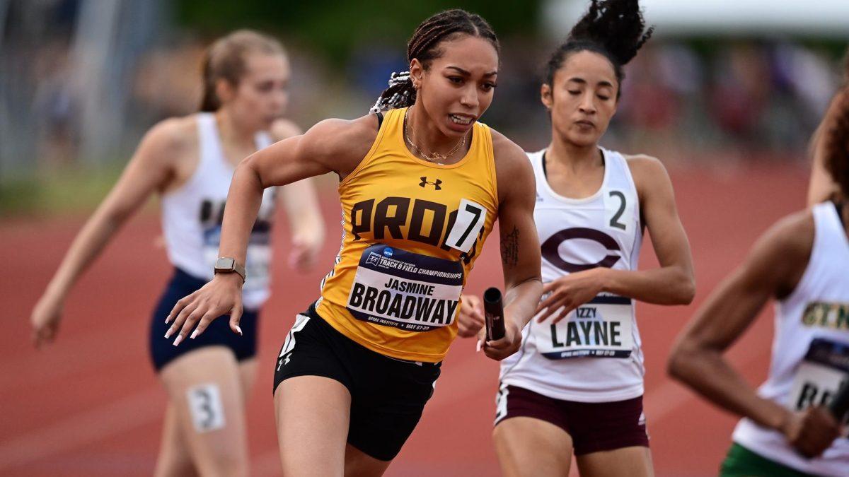 Jasmine Broadway runs in a race. Broadway recorded a first place finish in the 200 meter. - Photo via Rowan Athletics