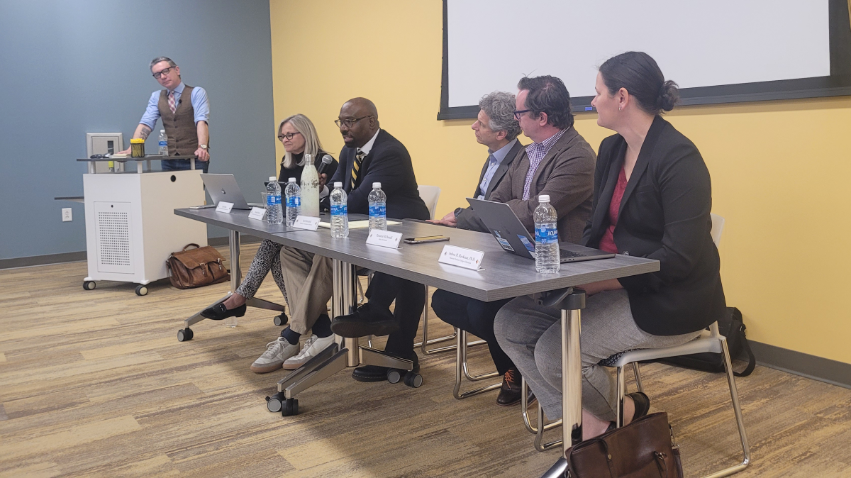 The moderator, Nicholas DiUlio, and  panelists discussed the most important topics surrounding the future of news media literacy. From left to right, Olga Polites, Kenny Burns, Brett Bonfield, Terrence McDonald and Andrea M. Hawkman, Ph.D. - Photo / Gianna Malgieri 