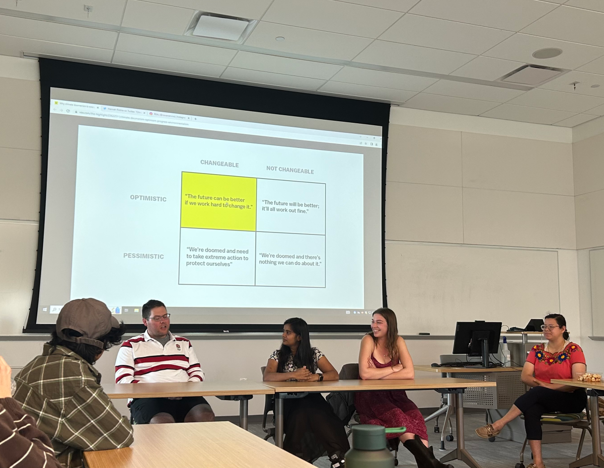 Left to right: Dr. Garett Broad, Dr. Jordan Howell, Aarushi Gupta and Jess Luptiz discuss how they contribute to making the campus more environmentally sustainable. - Photo / Maryela Gallardo 