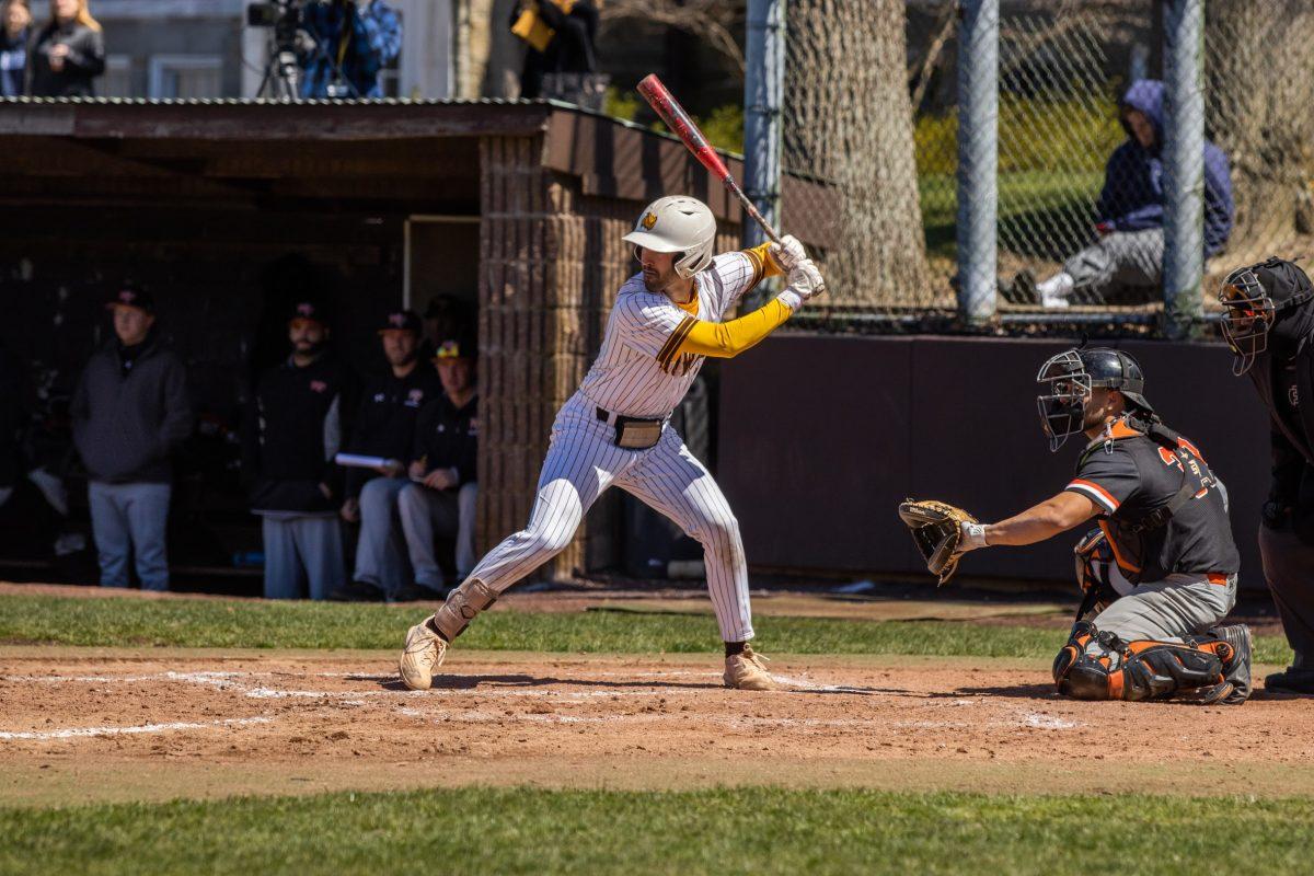 Anthony Schooley gets ready to hit. Schooley recorded three hits, RBIs, and runs in Tuesday's win. Sunday, April 2, 2023. - Multimedia Editor / Lee Kotzen