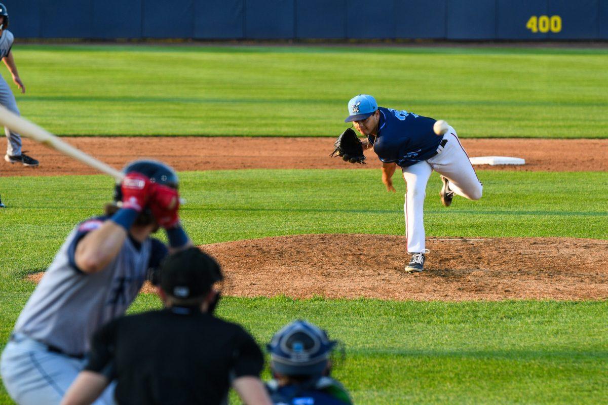 Blue Rocks pitcher Dustin Saenz delivers to home. Thursday, May 11th, 2023.- Staff Photographer / Tyrese Williams