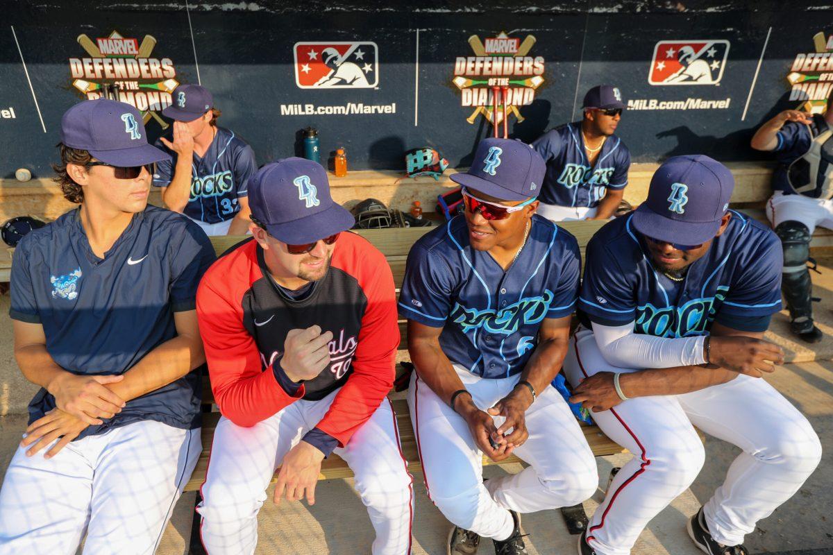 Members of the Blue Rocks deliberating in the dugout. Saturday, June 17th, 2023. Staff Photographer / Tyrese Williams