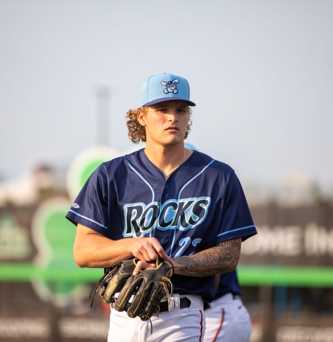 Nationals 2021 First round selection Brady House tightens his glove during his first Blue Rocks home game. Tuesday, June 13, 2023. Staff Photographer / Joe Capuyan