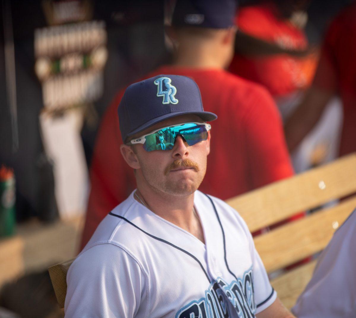 Matt Suggs chilling in the Blue Rocks dugout pregame. Thursday, June 15, 2023. Staff Photographer / Joe Capuyan