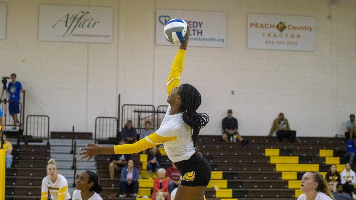 Jena Kaul goes up for a hit. Kaul led the team in kills during the two games. - Photo / Rowan Athletics