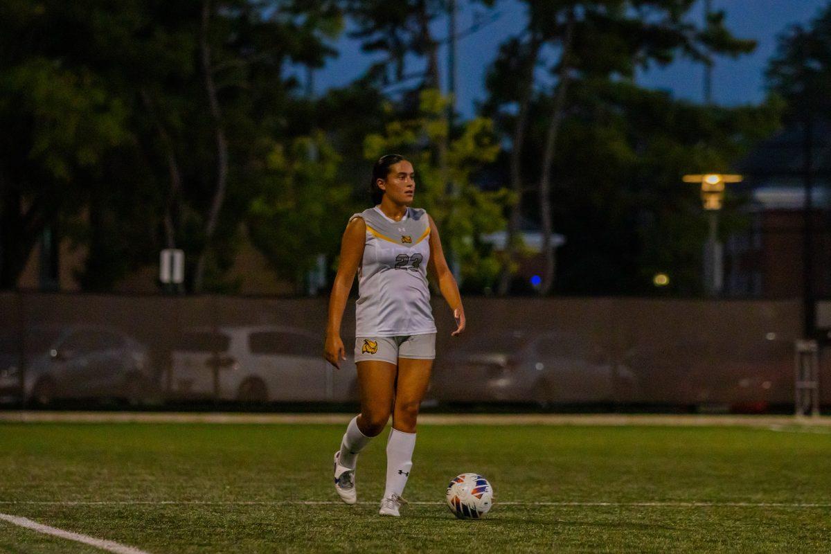 Ava Morales looks to cross the ball. Morales scored two goals in the win over NJCU. Wednesday, Sept. 13, 2023. - Photo via Lee Kotzen