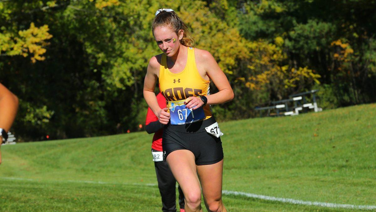 Cammy Wright races to the finish line. Wright is confident in the Rowan Women's Cross-Country team as she approaches her final NJAC Championship as a Prof. - Photo via Rowan Athletics