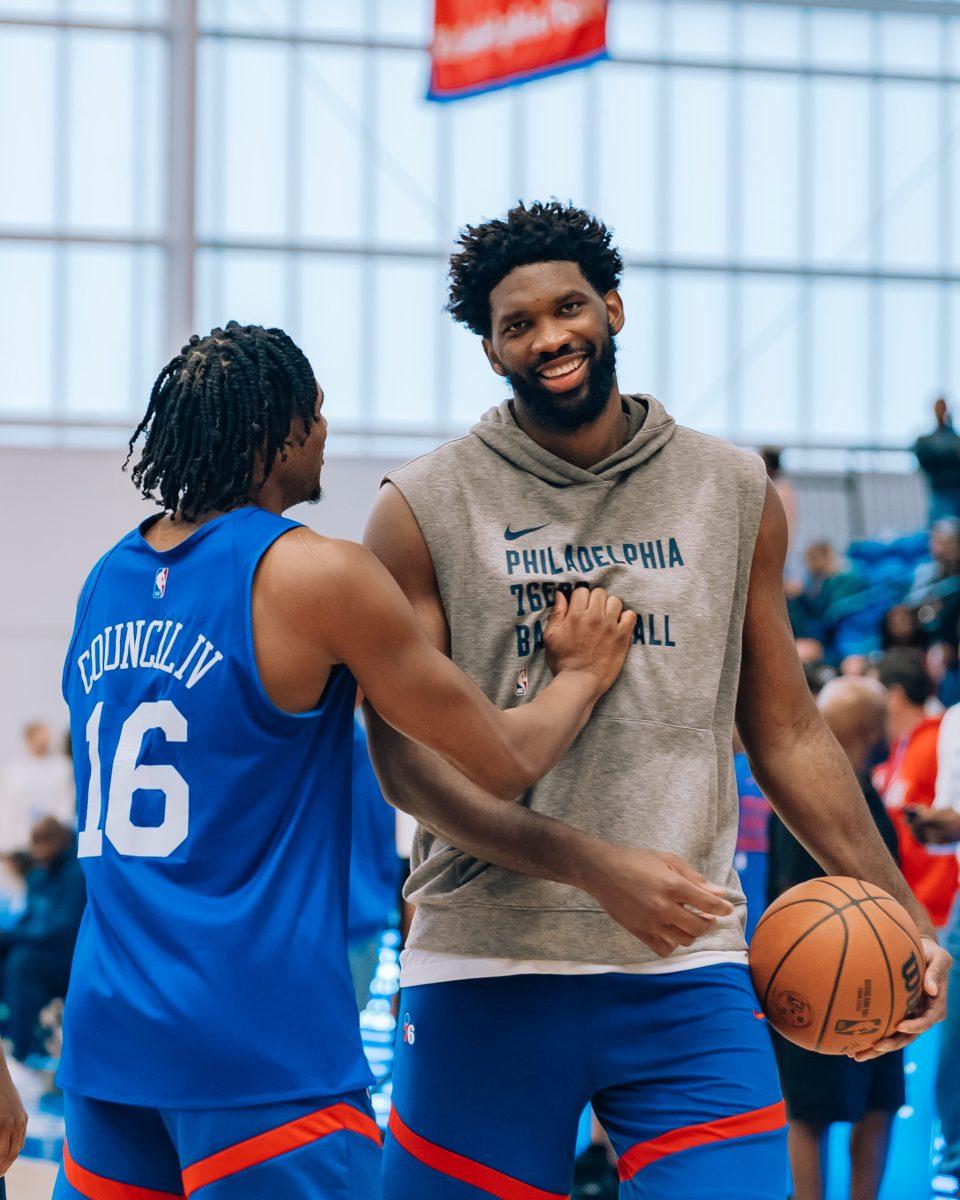 Ricky Council IV and Joel Embiid share a laugh during shoot-around. - Saturday, Oct. 14, 2023. - Photo via Zion Cruz