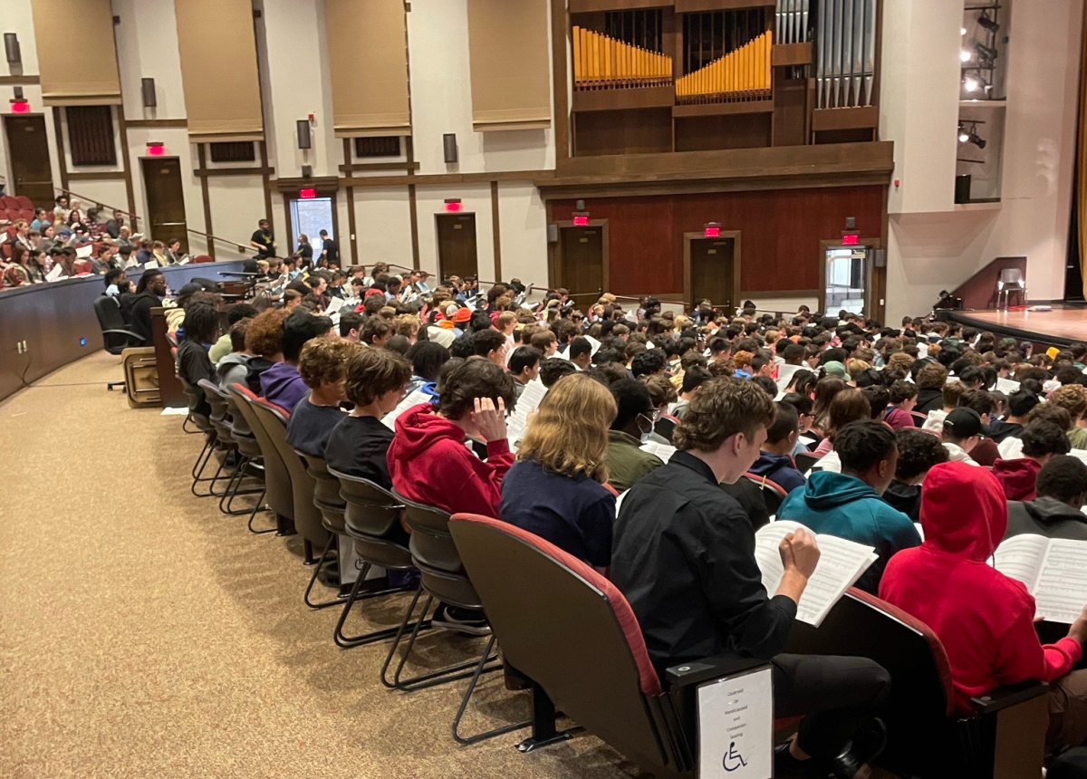 Tenors and Basses practice during one of their multiple rehearsals in Pfleeger Concert Hall. — Staff Writer / Sarah Shockey