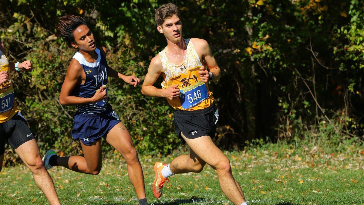 Jacob Riley runs in a race. Riley recorded an eighth place finish in the men's 8k. - Photo via Rowan Athletics