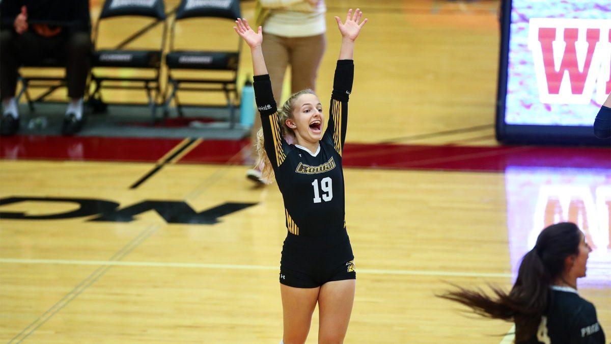 Vanessa Hutchinson celebrates on the court. Hutchinson recorded four aces in the Profs' win over Rutgers-Newark on Tuesday, Oct. 3. - Photo via Rowan Athletics