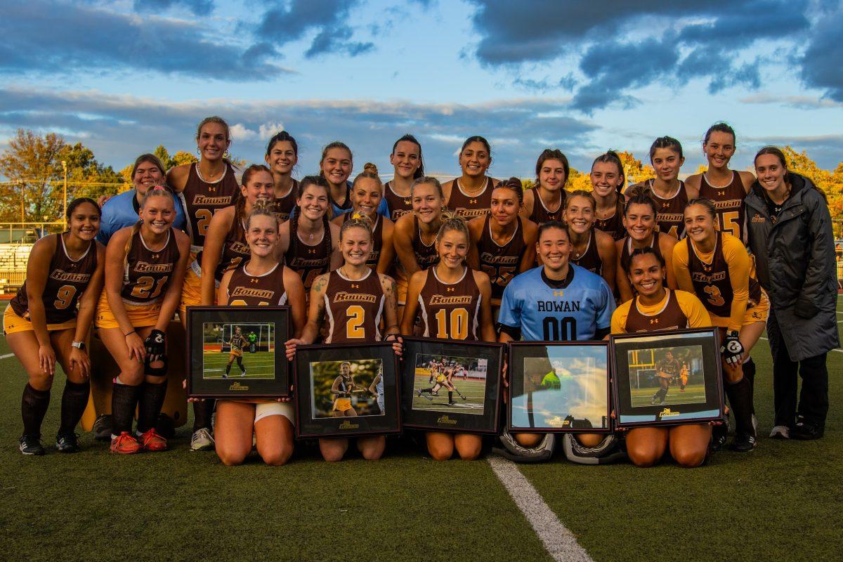 (Left to right) Abby Riley, Cienna Bosher, Madison DuBois, Aida Ingram, and Sarita Marshall get honored pregame for Senior Night. - Photo via Rowan Athletics